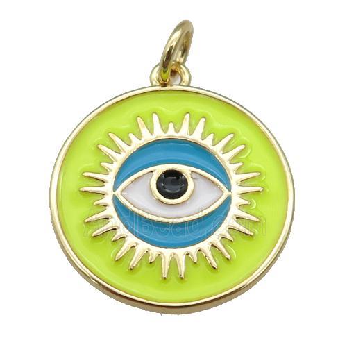 copper Circle pendant with yellow enamel, evil eye, gold plated