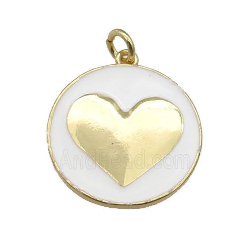 copper Circle pendant with white enamel, heart, gold plated
