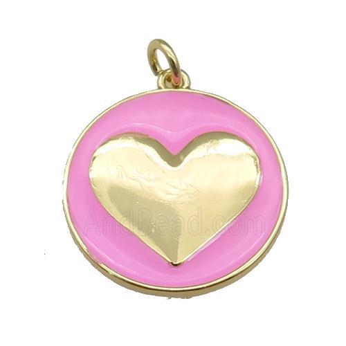 copper Circle pendant with pink enamel, heart, gold plated