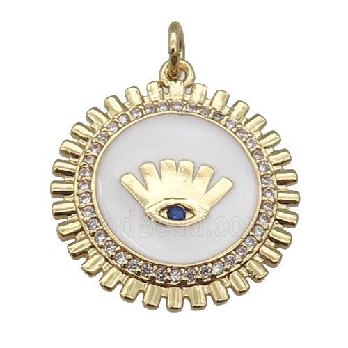 copper Circle pendant paved zircon with white enamel, eye, gold plated