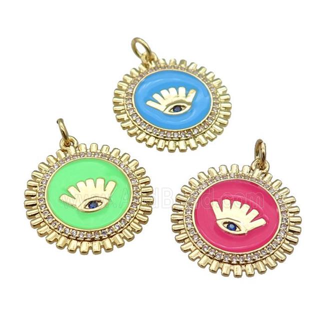 copper Circle pendant paved zircon with enamel, eye, gold plated, mixed
