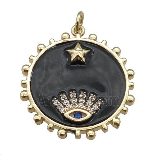 copper circle pendant with black enamel, eye, gold plated