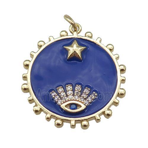 copper circle pendant with navyblue enamel, eye, gold plated