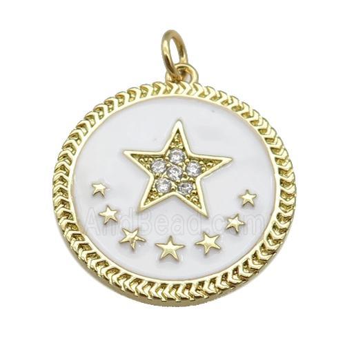 copper circle pendant with white enamel, star, gold plated