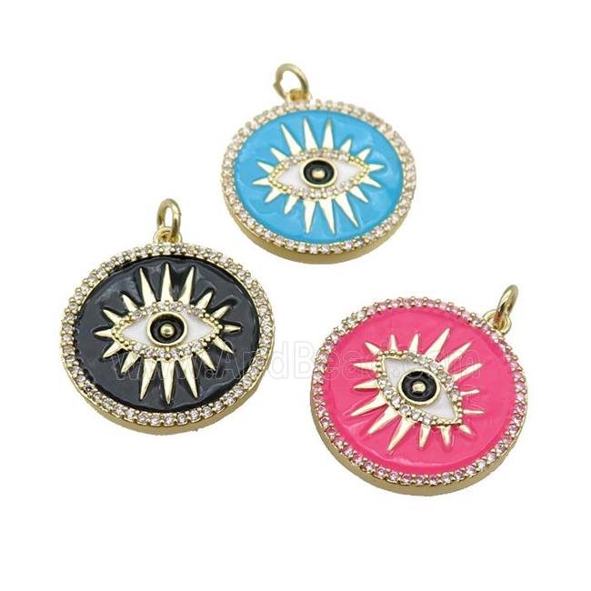 copper circle pendant paved zircon with enamel, eye, gold plated, mixed
