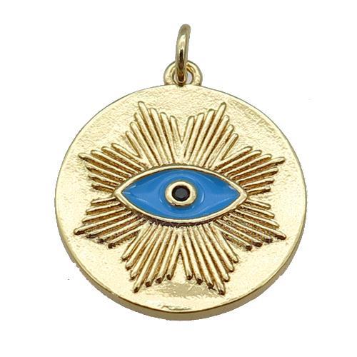 copper circle pendant with blue enamel eye, gold plated