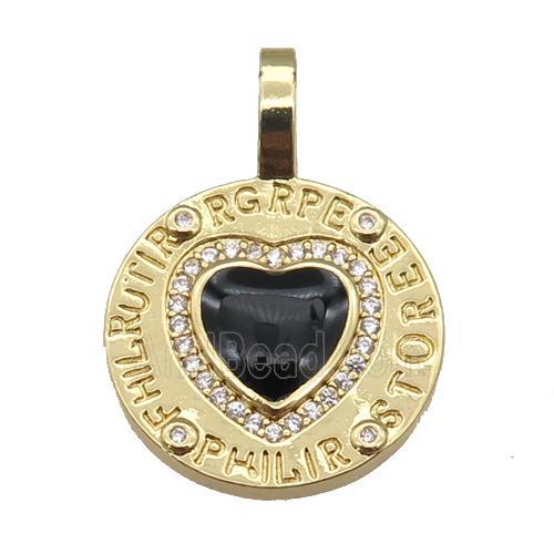 copper circle pendant paved zircon with black enamel heart, gold plated