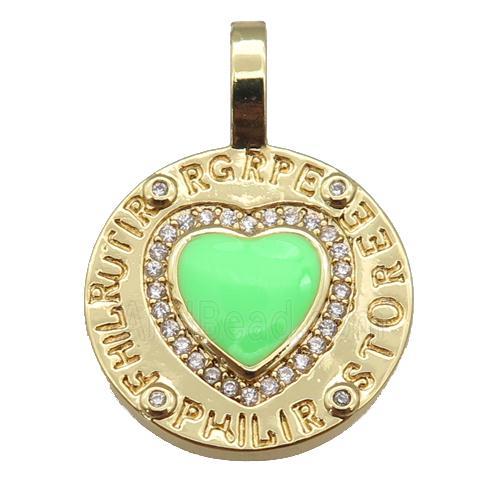 copper circle pendant paved zircon with green enamel heart, gold plated
