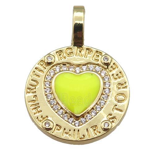 copper circle pendant paved zircon with yellow enamel heart, gold plated