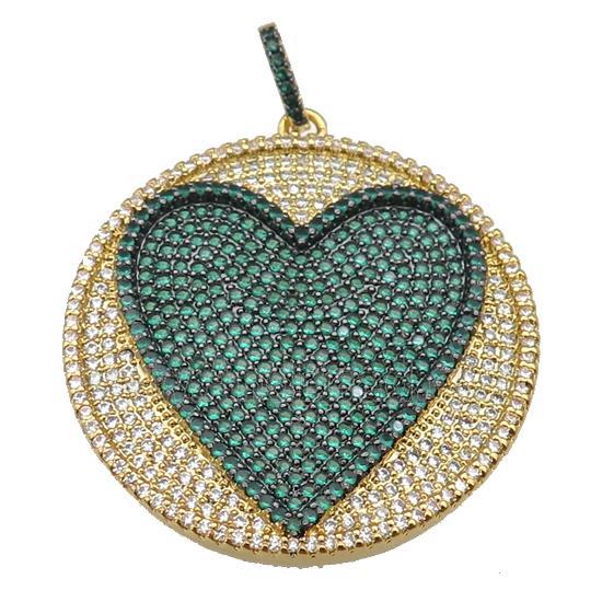 copper Heart pendant paved green zircon, circle, gold plated