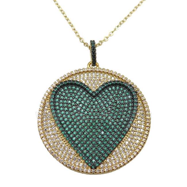 copper Necklace withe heart paved green zircon, gold plated