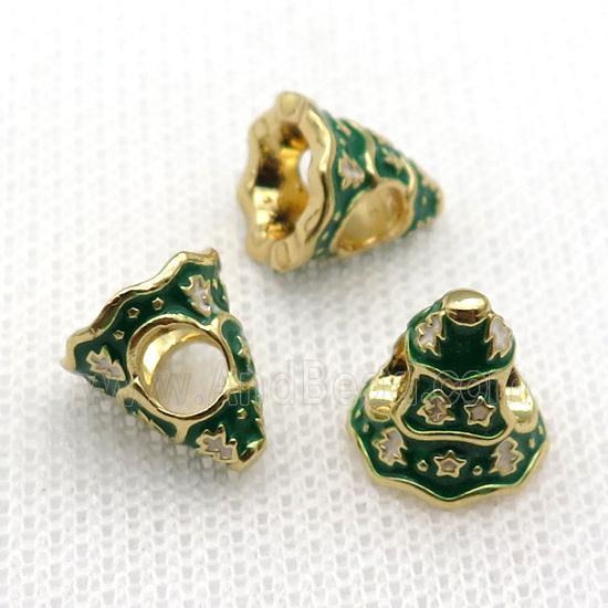 copper Christmas Tree beads with green enamel, large hole, gold plated