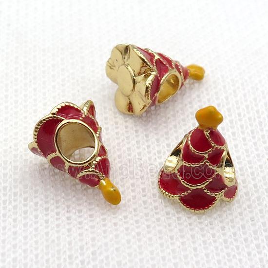 copper Christmas Tree beads with red enamel, large hole, gold plated