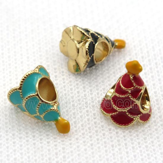 copper Christmas Tree beads with enamel, large hole, gold plated, mixed
