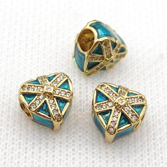 copper Christmas Heart Gift beads with teal enamel, large hole, gold plated