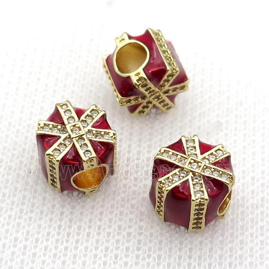 copper Christmas Candy Gift Box beads with red enamel, large hole, gold plated