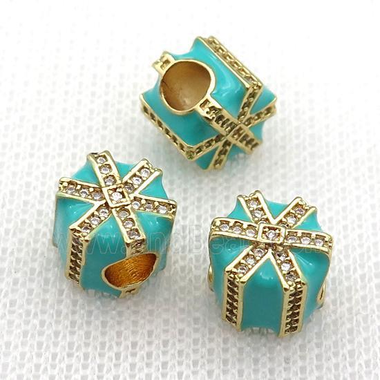copper Christmas Candy Gift Box beads with teal enamel, large hole, gold plated