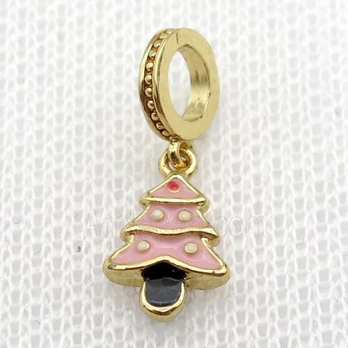 copper Christmas Tree pendant with pink enamel, large hole, gold plated