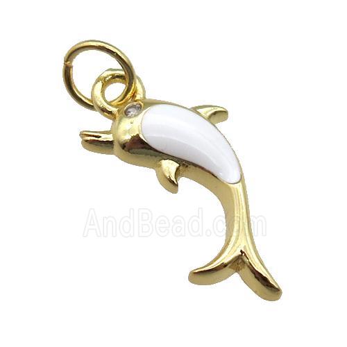 copper Dolphin pendant with white enamel, gold plated