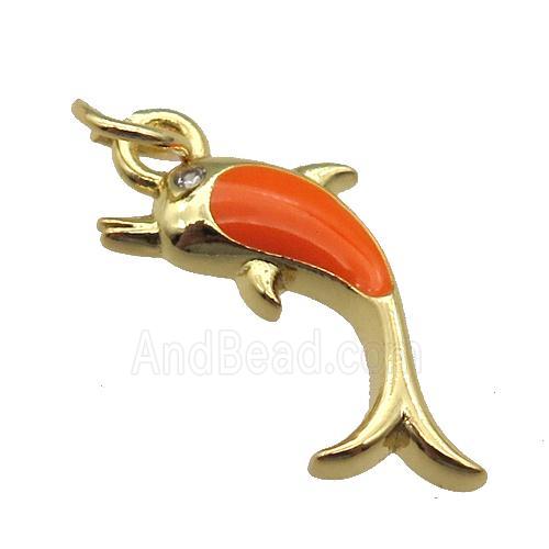 copper Dolphin pendant with orange enamel, gold plated