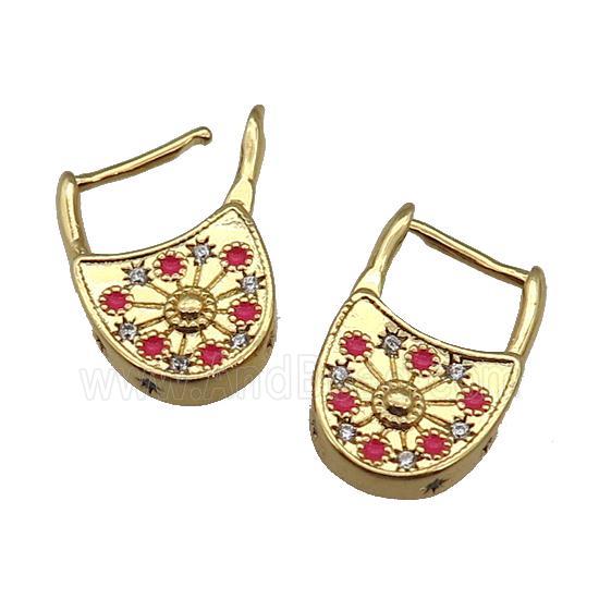 copper bag Latchback Earring paved red zircon, gold plated