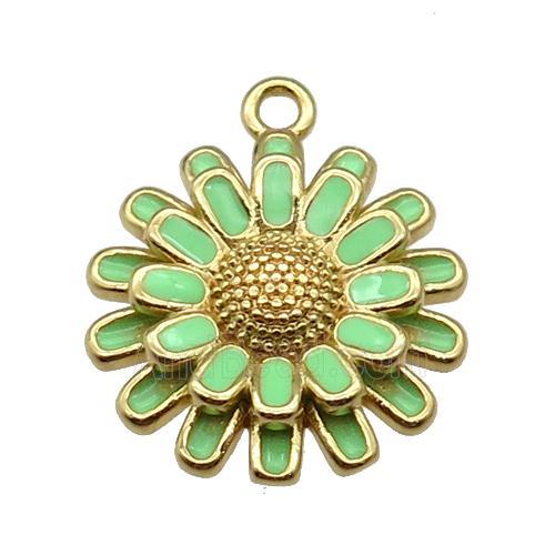 copper Sunflower pendant with green enamel, gold plated