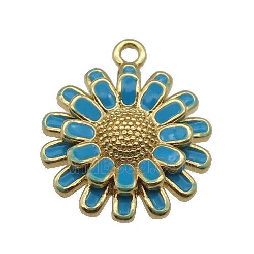 copper Sunflower pendant with blue enamel, gold plated