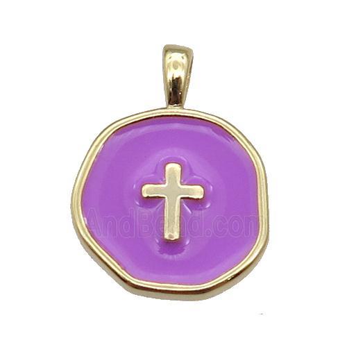 copper Circle pendant with purple enamel, cross, gold plated