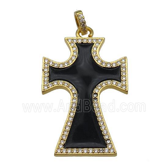 copper Cross pendant paved zircon with black enamel, gold plated