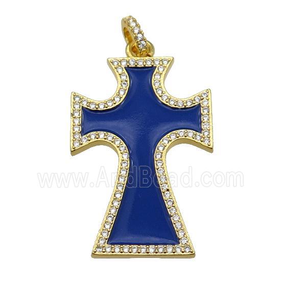 copper Cross pendant paved zircon with blue enamel, gold plated