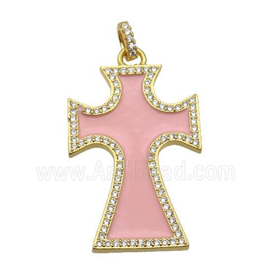copper Cross pendant paved zircon with pink enamel, gold plated
