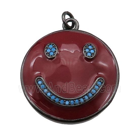 copper Emoji pendant paved zircon with red enamel, happiness face, black plated