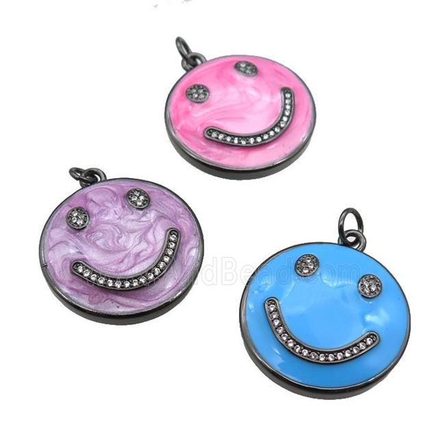 copper Emoji pendant paved zircon with enamel, happiness face, black plated, mixed