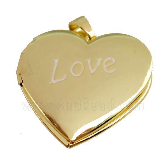 copper Heart Locket pendant with white enamel, LOVE, gold plated