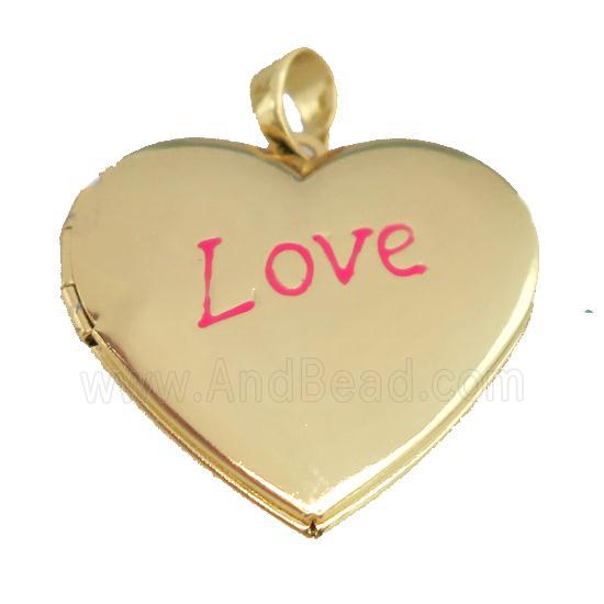 copper Heart Locket pendant with pink enamel, LOVE, gold plated
