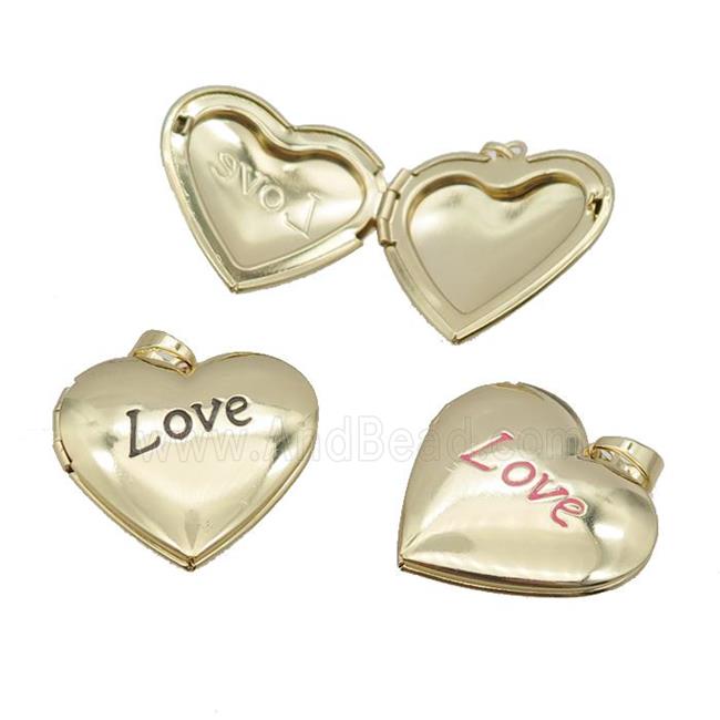 copper Heart Locket pendant with enamel, LOVE, gold plated, mixed