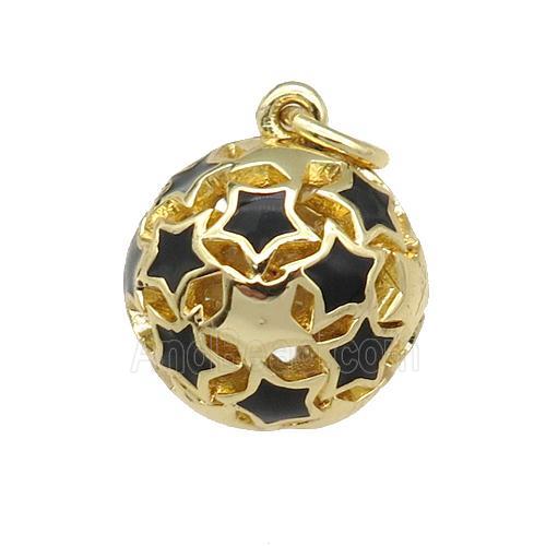 copper Ball pendant with black enamel star, hollow, gold plated