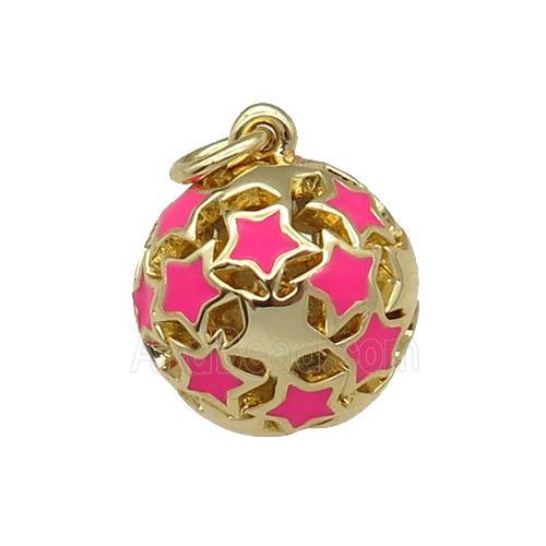 copper Ball pendant with hotpink enamel star, hollow, gold plated
