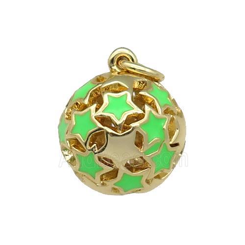 copper Ball pendant with green enamel star, hollow, gold plated