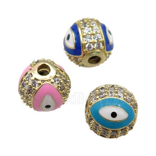 round copper Beads paved zircon with enamel Evil Eye, gold plated, mixed
