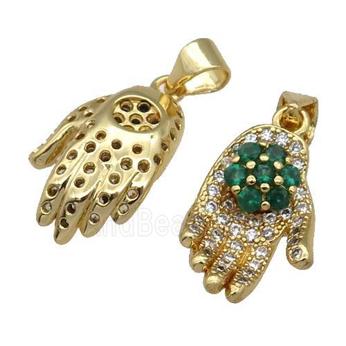 copper hand pendant paved zircon, gold plated