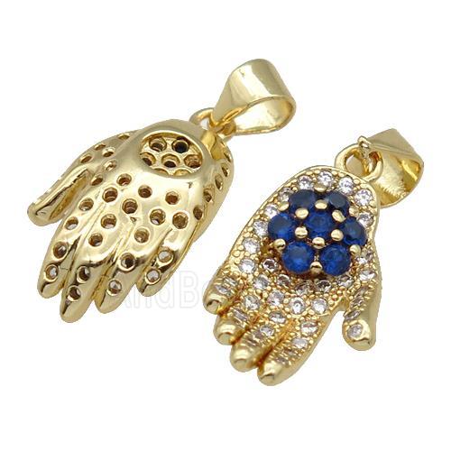 copper hand pendant paved zircon, gold plated