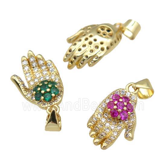 copper hand pendant paved zircon, gold plated, mixed