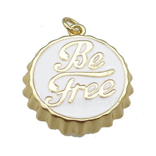 copper soda Bottle Cap pendant with white enamel, Be Free, gold plated