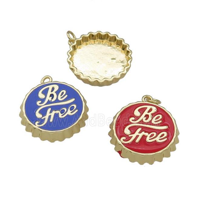 copper soda Bottle Cap pendant with enamel, Be Free, gold plated, mixed