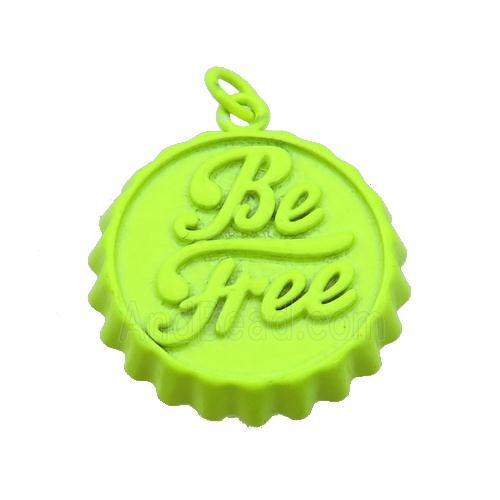 copper soda Bottle Cap pendant with yellow fire Lacquered, Be Free