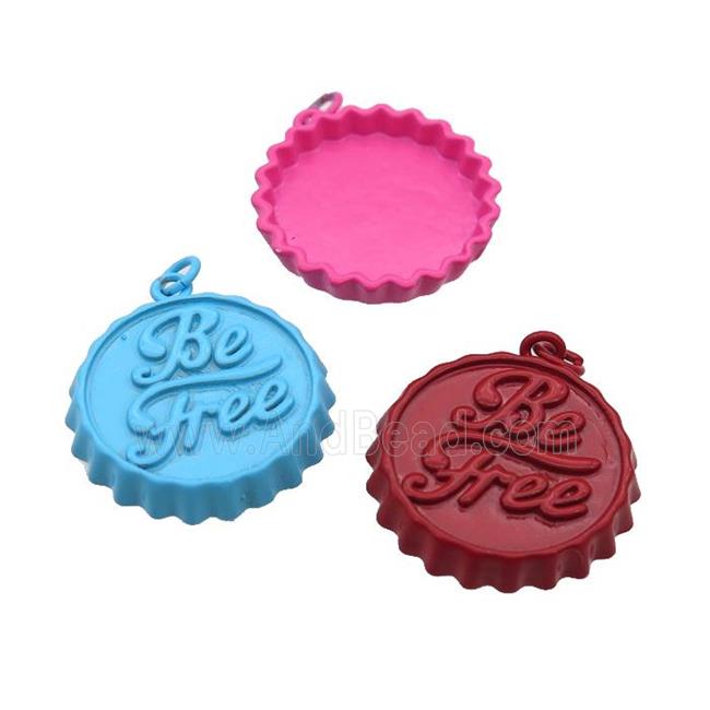 copper soda Bottle Cap pendant with fire Lacquered, Be Free, mixed color