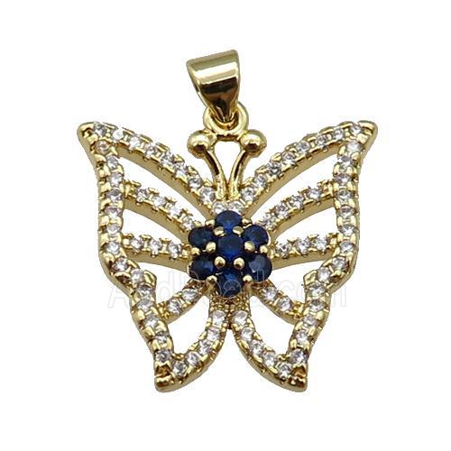 copper Butterfly pendant paved zircon, darkblue, gold plated