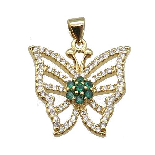 copper Butterfly pendant paved zircon, green, gold plated