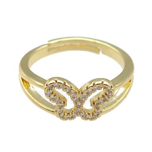 copper Rings paved zircon, butterfly, adjustable, gold plated